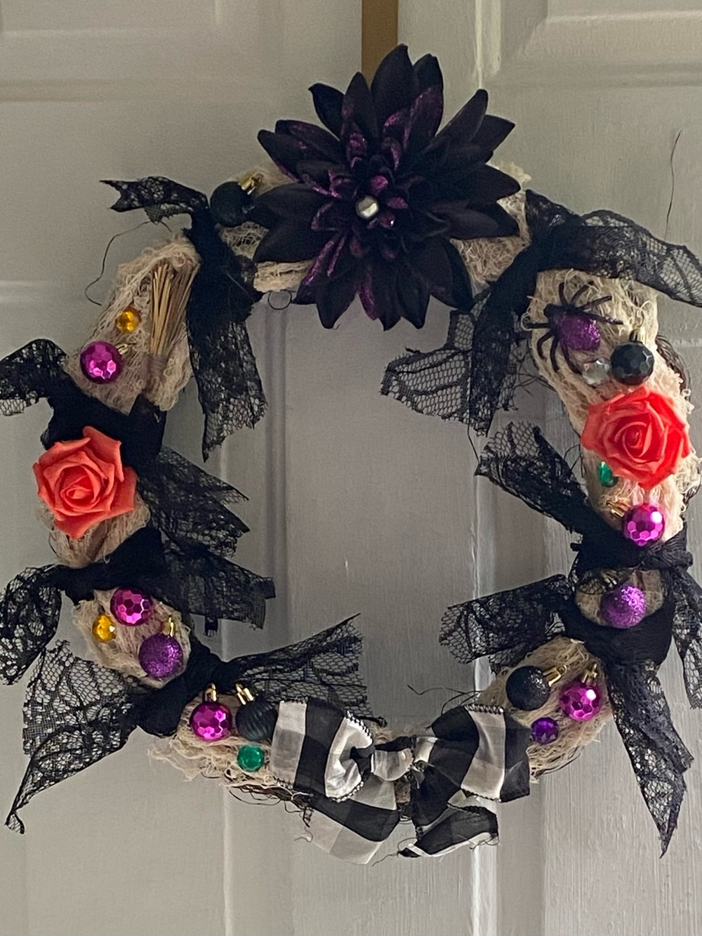 Handcrafted Halloween Wreath with Black, Purple, Orange & Pink Accents